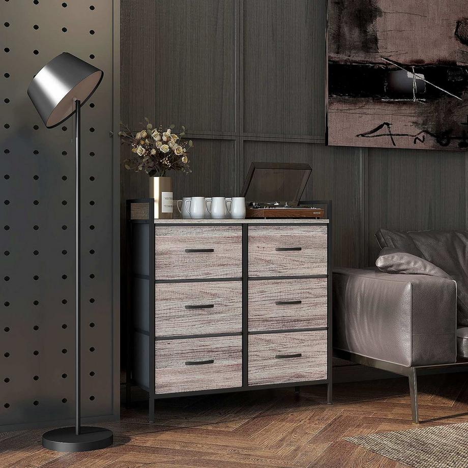 Northio Cassettiera con 6 cassetti, mobile contenitore in tessuto con aspetto legno, maniglie, struttura in acciaio, credenza dal design industriale per soggiorno grigio  