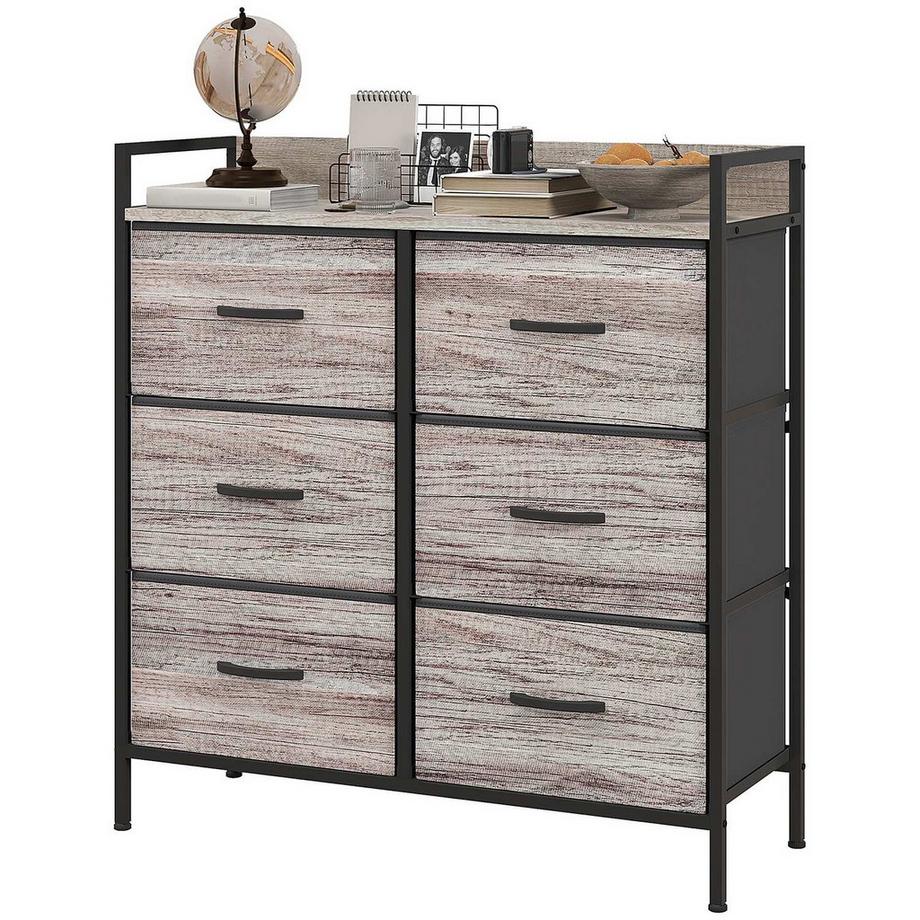Commode avec 6 tiroirs en tissu, meuble de rangement aspect bois, poignées, structure en acier, buffet design industriel pour salon gris Aosom