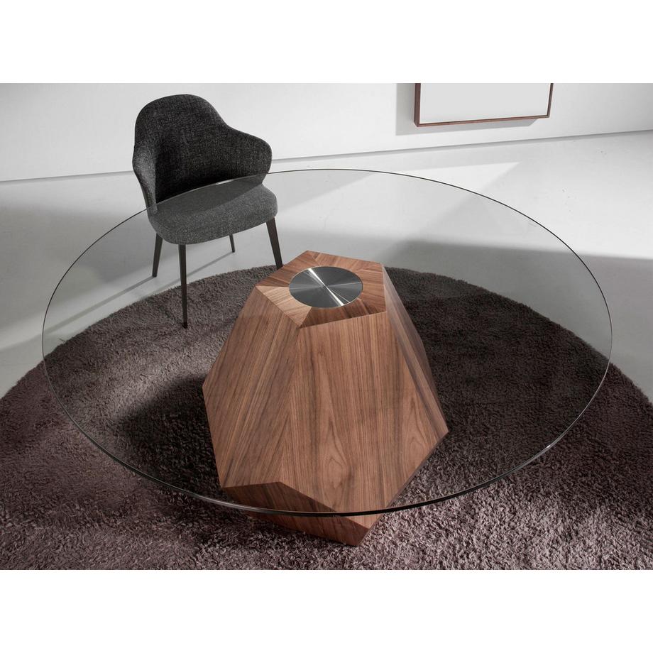ANGEL CERDA Table à manger ronde verre trempé et noyer  