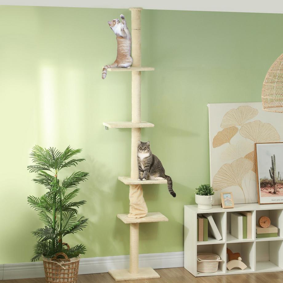 Northio  Arbre à chat haut plafond, arbre à chat, arbre à chat de 225 à 275 cm avec plates-formes, meuble pour chat avec protection des pointes, blanc crème 