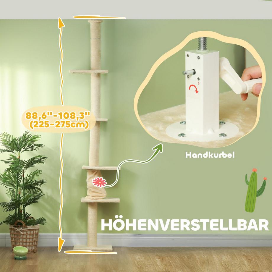 Northio  Arbre à chat haut plafond, arbre à chat, arbre à chat de 225 à 275 cm avec plates-formes, meuble pour chat avec protection des pointes, blanc crème 