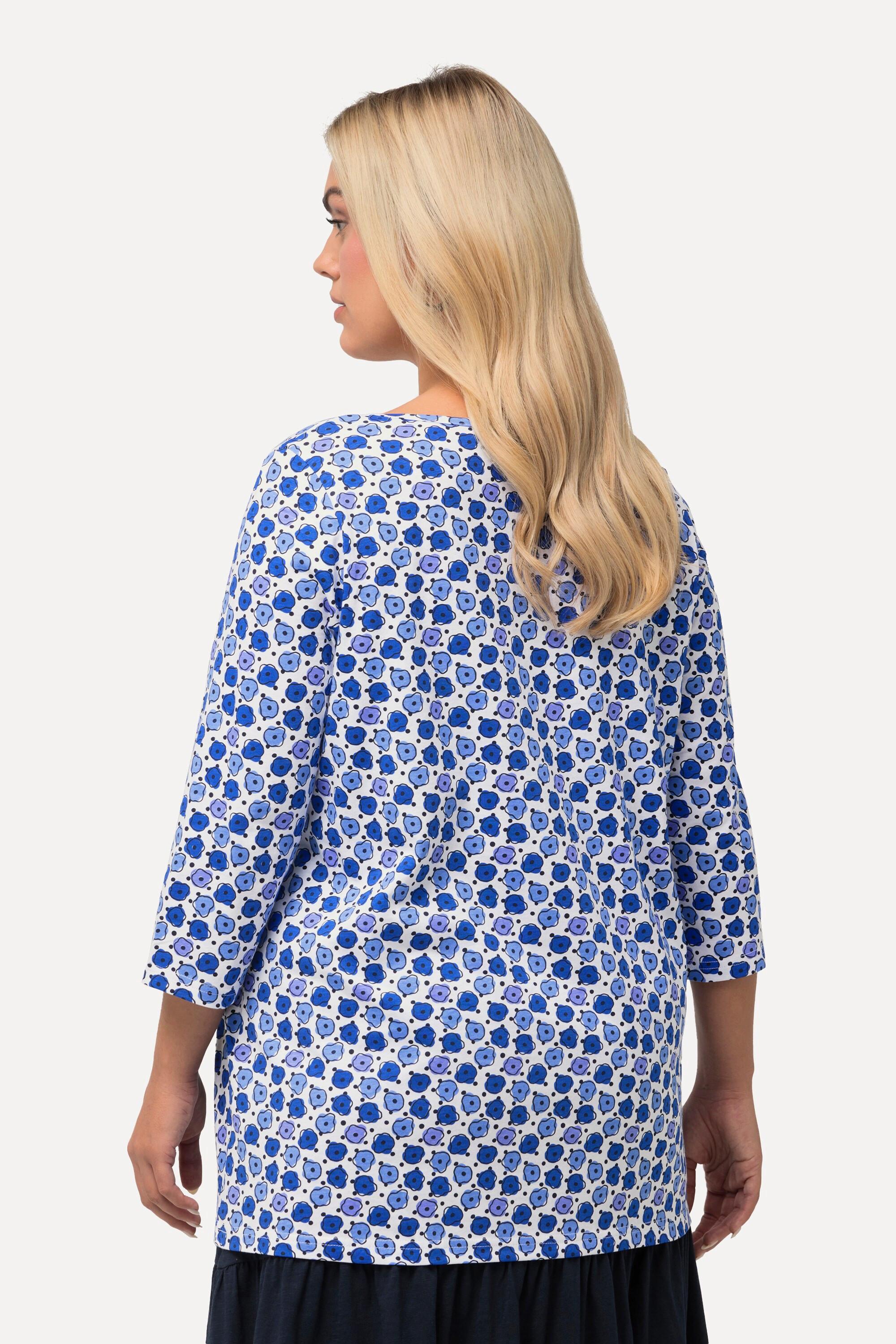 Ulla Popken  Shirt, Blüten, A-Linie, Zierfalten, V-Ausschnitt, 3/4-Arm 