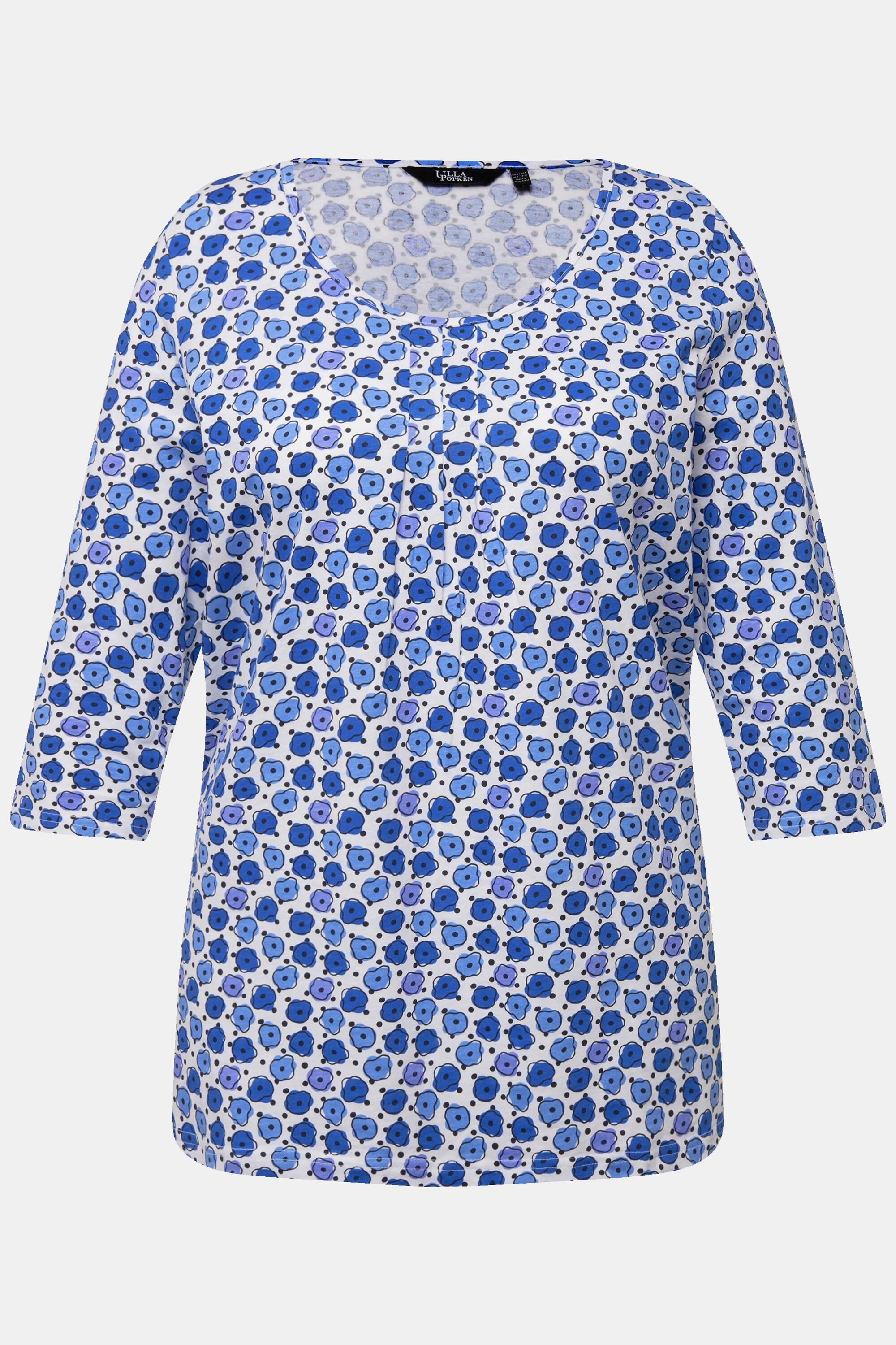 Ulla Popken  Shirt, Blüten, A-Linie, Zierfalten, V-Ausschnitt, 3/4-Arm 