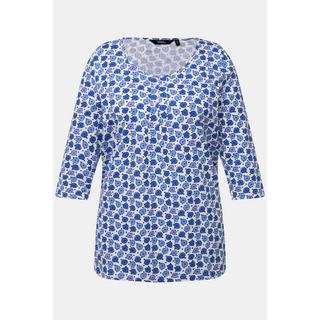 Ulla Popken  Shirt, Blüten, A-Linie, Zierfalten, V-Ausschnitt, 3/4-Arm 