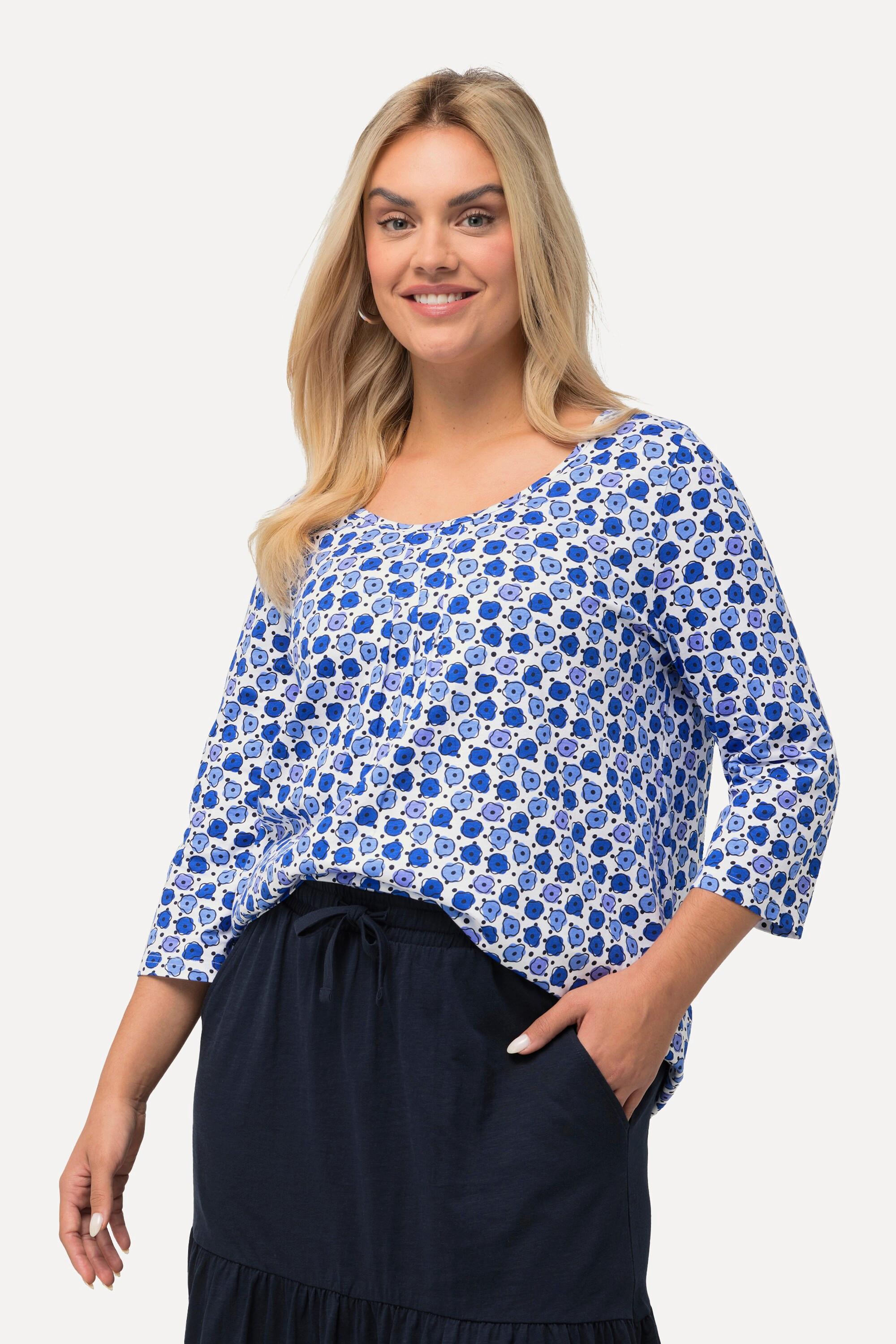 Ulla Popken  Shirt, Blüten, A-Linie, Zierfalten, V-Ausschnitt, 3/4-Arm 