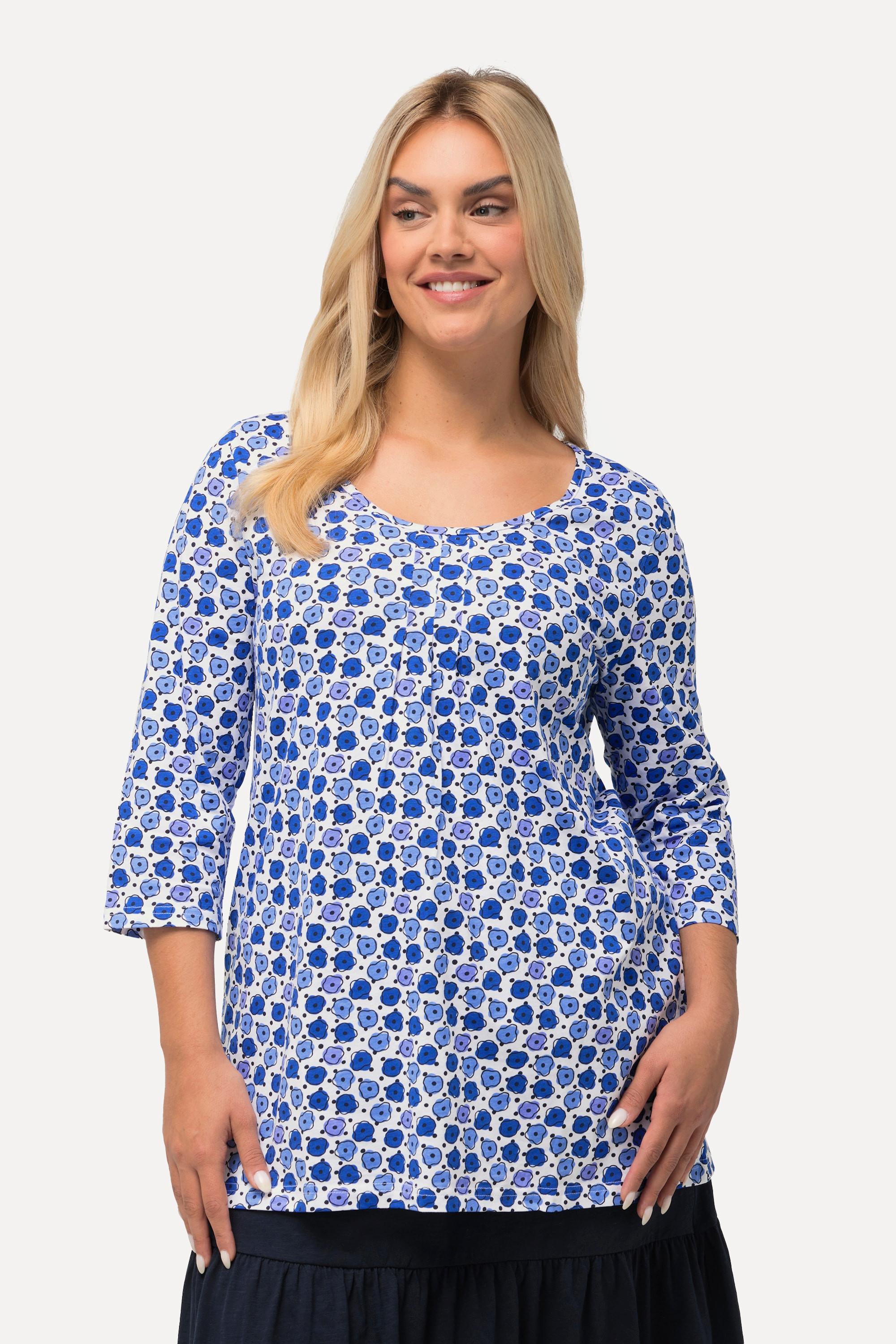 Ulla Popken  Shirt, Blüten, A-Linie, Zierfalten, V-Ausschnitt, 3/4-Arm 