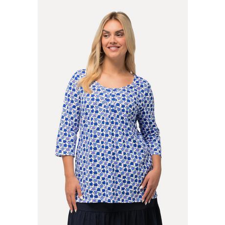 Ulla Popken  Shirt, Blüten, A-Linie, Zierfalten, V-Ausschnitt, 3/4-Arm 