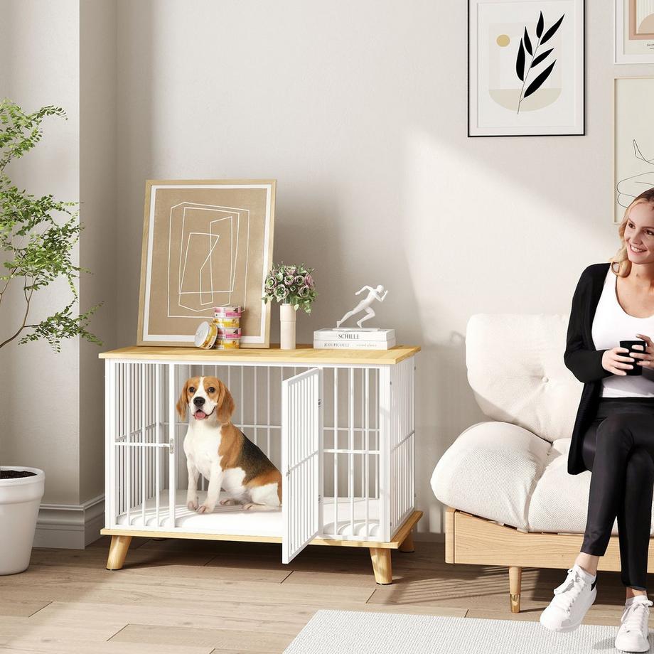 Northio  Hundekäfig für Zuhause, Abschließbar Hundehütte mit Kissen, Hundebox mit Tür, Hundehaus für mittelgroße Hunde unter 15 kg, Eiche, 86 x 60 x 70 cm 