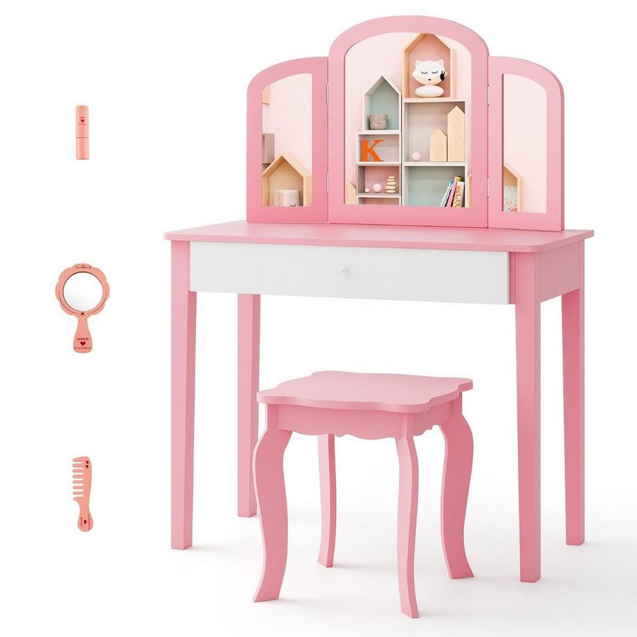 Northix  Ensemble coiffeuse et chaises pour enfants, ensemble coiffeuse avec miroir pliant et tiroir rose + blanc 