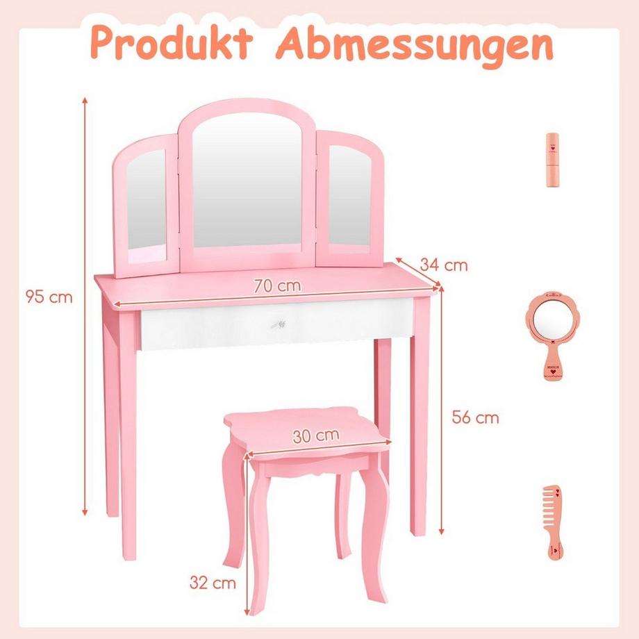 Northix  Ensemble coiffeuse et chaises pour enfants, ensemble coiffeuse avec miroir pliant et tiroir rose + blanc 