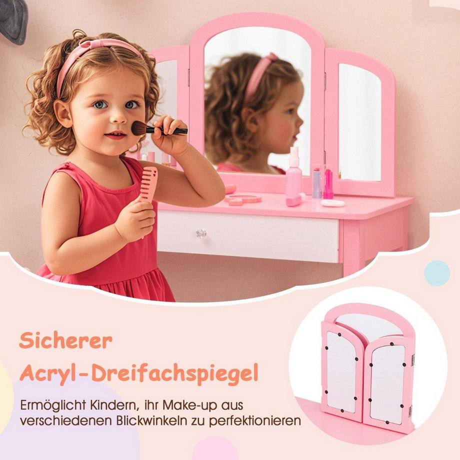 Northix  Ensemble coiffeuse et chaises pour enfants, ensemble coiffeuse avec miroir pliant et tiroir rose + blanc 