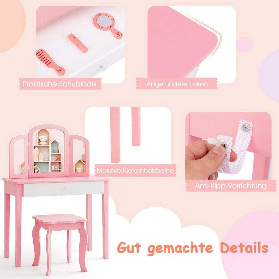 Northix  Ensemble coiffeuse et chaises pour enfants, ensemble coiffeuse avec miroir pliant et tiroir rose + blanc 