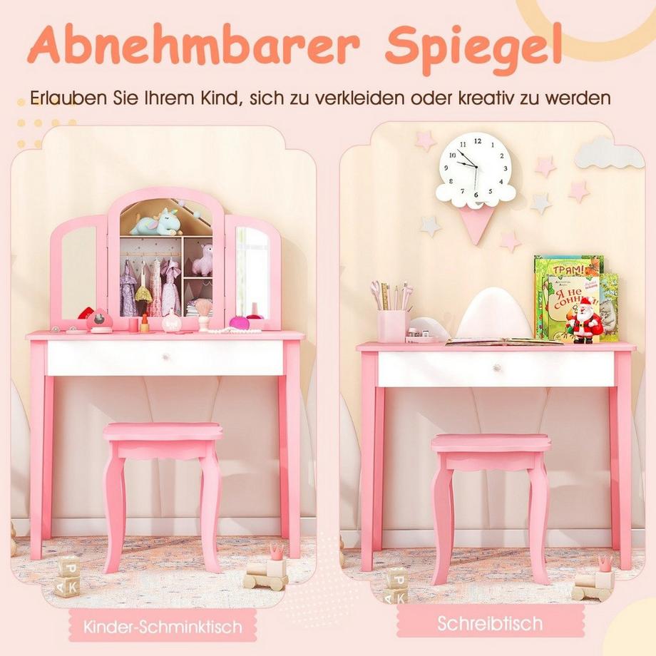 Northix  Ensemble coiffeuse et chaises pour enfants, ensemble coiffeuse avec miroir pliant et tiroir rose + blanc 