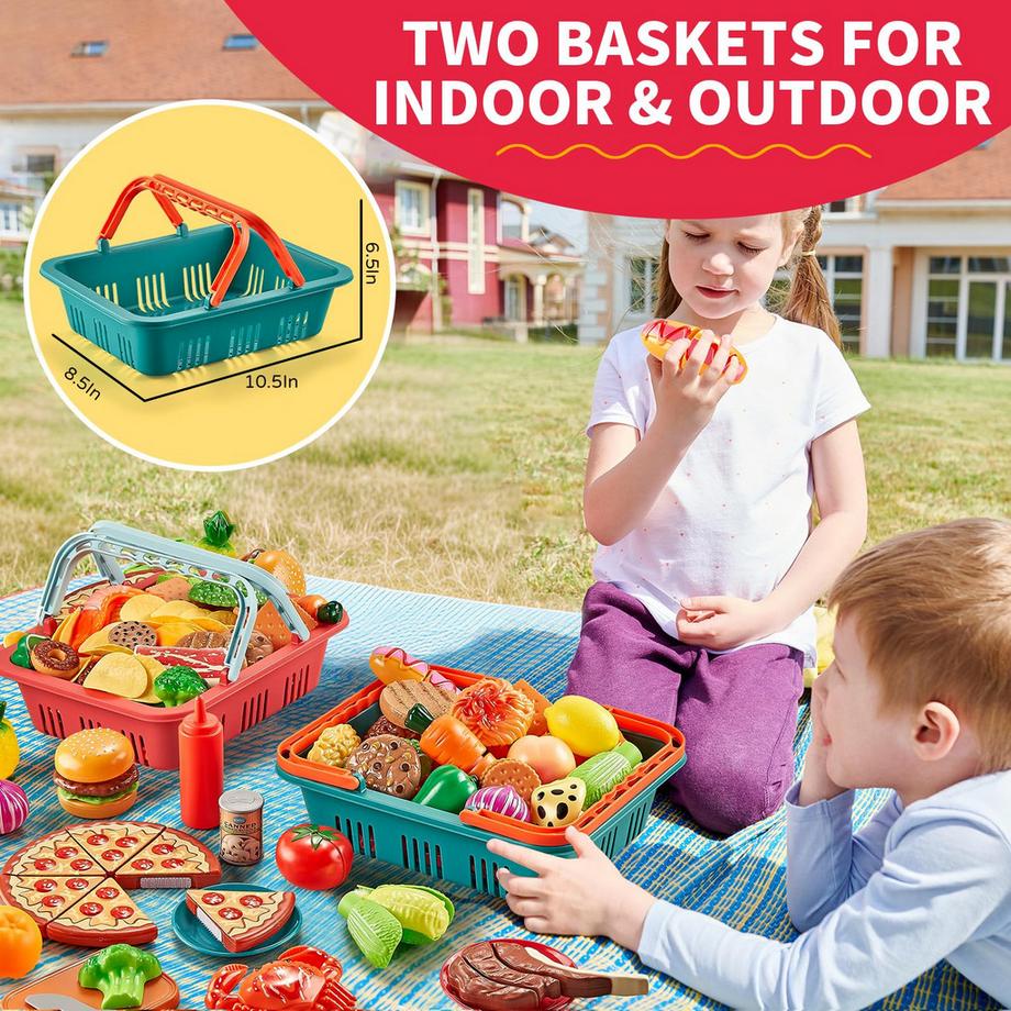 Activity-board  Spielnahrungssets für Kinderküche 80 Stück So tun, als ob Essen mit 2 Kindern Picknickkorb, Spielzeugessen mit Pizzaspielzeug, Plastiknahrungsmittelschneidspielzeug 