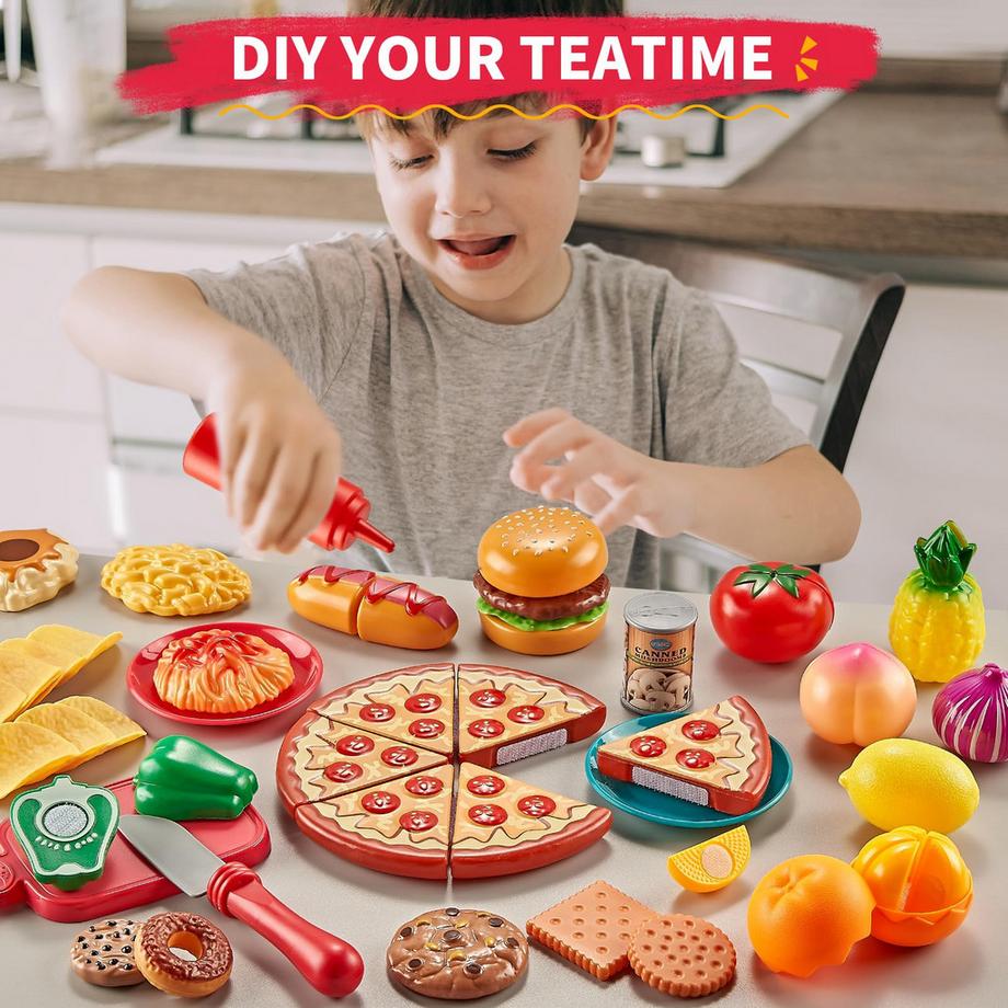 Activity-board  Spielnahrungssets für Kinderküche 80 Stück So tun, als ob Essen mit 2 Kindern Picknickkorb, Spielzeugessen mit Pizzaspielzeug, Plastiknahrungsmittelschneidspielzeug 