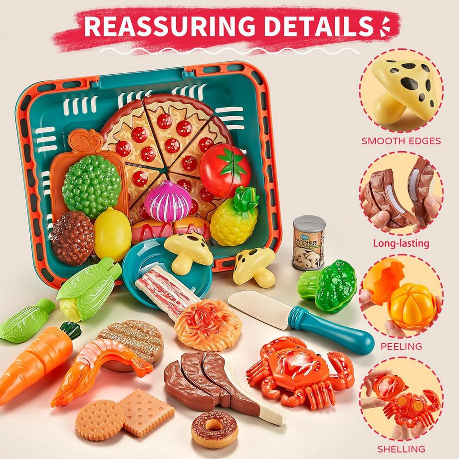 Activity-board  Spielnahrungssets für Kinderküche 80 Stück So tun, als ob Essen mit 2 Kindern Picknickkorb, Spielzeugessen mit Pizzaspielzeug, Plastiknahrungsmittelschneidspielzeug 