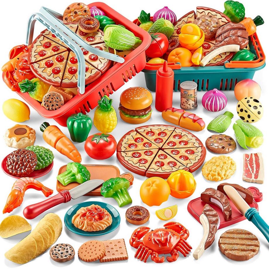 Activity-board  Spielnahrungssets für Kinderküche 80 Stück So tun, als ob Essen mit 2 Kindern Picknickkorb, Spielzeugessen mit Pizzaspielzeug, Plastiknahrungsmittelschneidspielzeug 