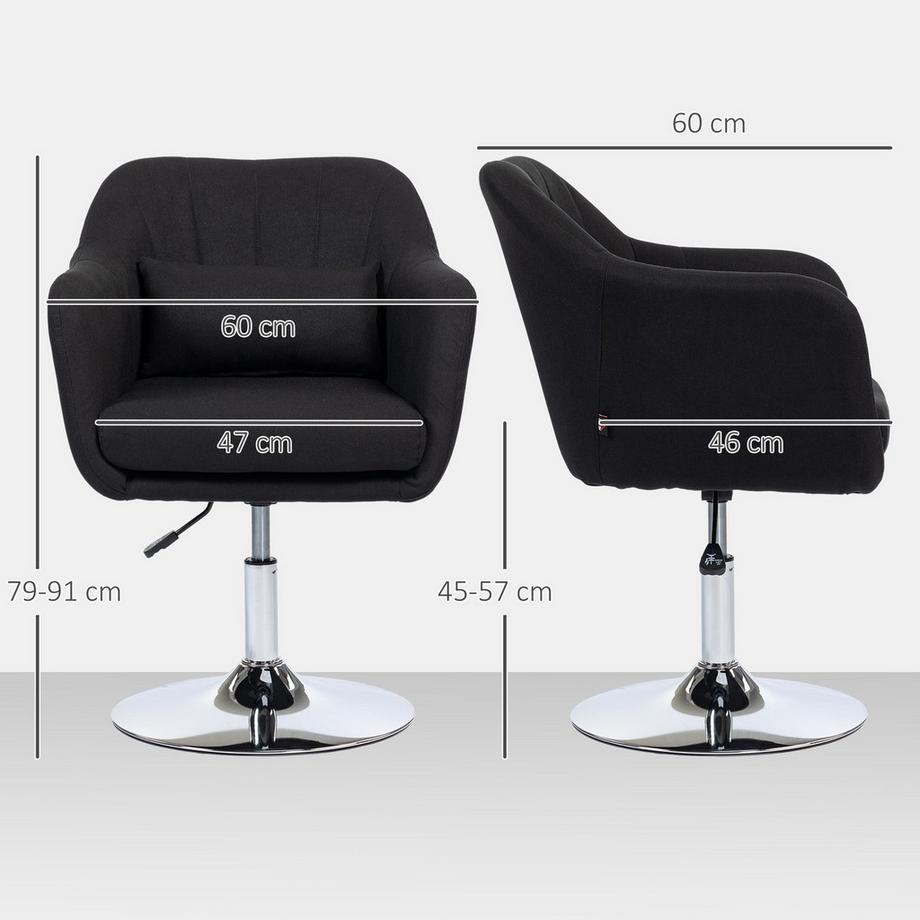 Northio Sessel Loungesessel mit Armlehne, Lendenkissen, Gepolstert Relaxsessel mit Metallrahmen, Leinenoptik, Höhenverstellbar Drehstuhl für Schlafzimmer, Wohnzimmer, Schwarz  