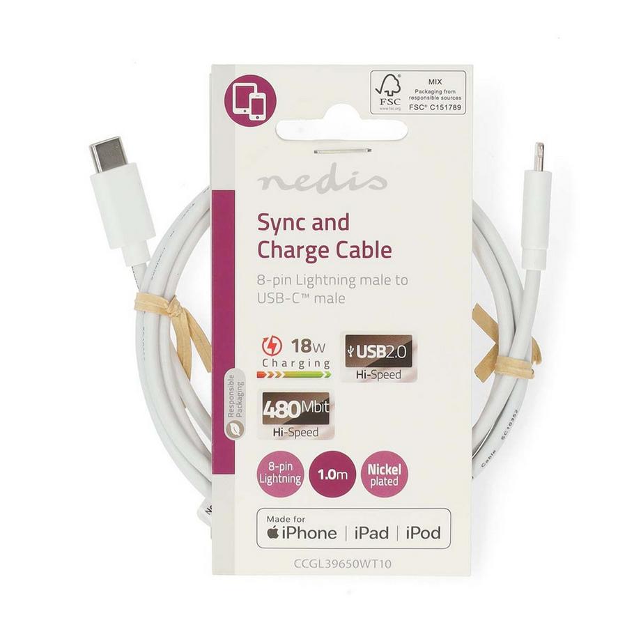 Nedis  Cavo Lightning | USB 2.0 | Apple Lightning, 8-pin | USB-C™ Maschio | 480 Mbps | Nichelato | 1,00 m | Rotondo | PVC | Bianco | Etichetta 
