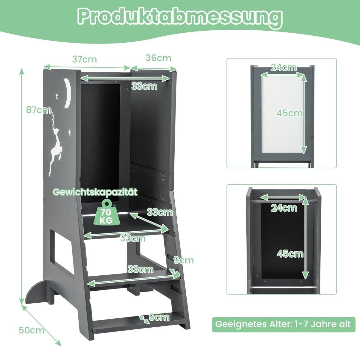 B2X Torre didattica per bambini 2 in 1 con pannello bifacciale e amp; Sgabello da cucina a 3 altezze regolabili Sgabello con gradino Grigio  