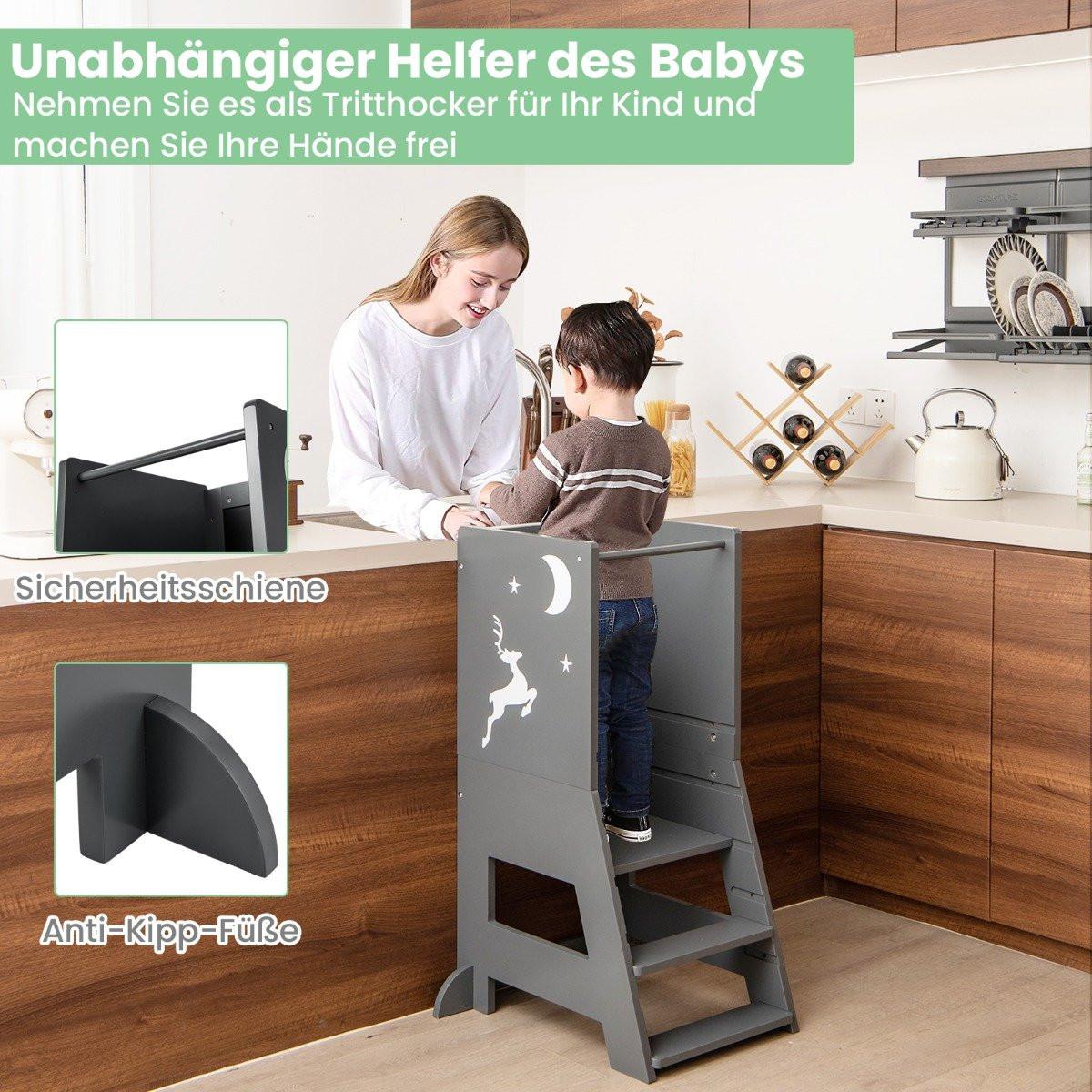 B2X Torre didattica per bambini 2 in 1 con pannello bifacciale e amp; Sgabello da cucina a 3 altezze regolabili Sgabello con gradino Grigio  