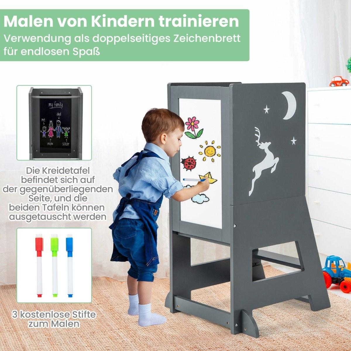 B2X Torre didattica per bambini 2 in 1 con pannello bifacciale e amp; Sgabello da cucina a 3 altezze regolabili Sgabello con gradino Grigio  