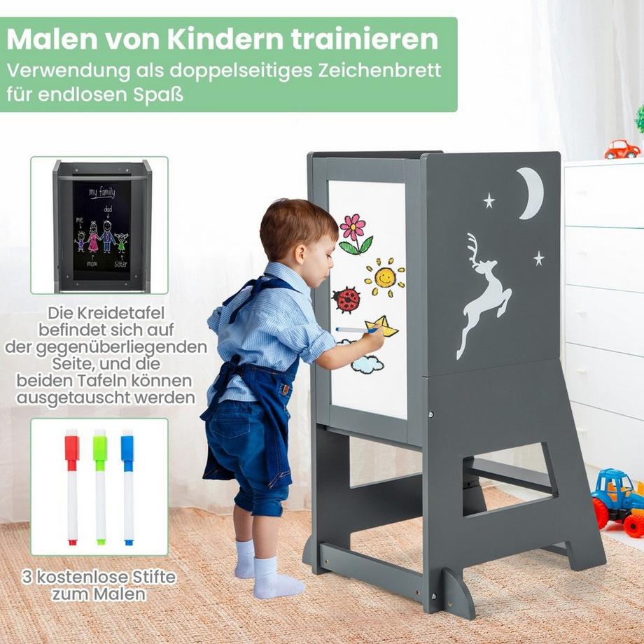 B2X Tour d'apprentissage pour enfants 2 en 1 avec tableau et amplificateur double face. Tabouret de cuisine à 3 hauteurs réglables, escabeau gris  