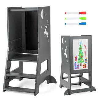 B2X Torre didattica per bambini 2 in 1 con pannello bifacciale e amp; Sgabello da cucina a 3 altezze regolabili Sgabello con gradino Grigio  