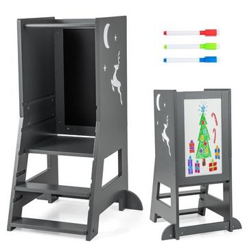 Torre didattica per bambini 2 in 1 con pannello bifacciale e amp; Sgabello da cucina a 3 altezze regolabili Sgabello con gradino Grigio