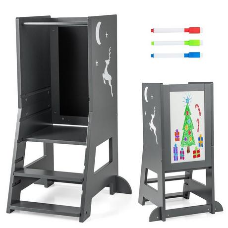 B2X Torre didattica per bambini 2 in 1 con pannello bifacciale e amp; Sgabello da cucina a 3 altezze regolabili Sgabello con gradino Grigio  