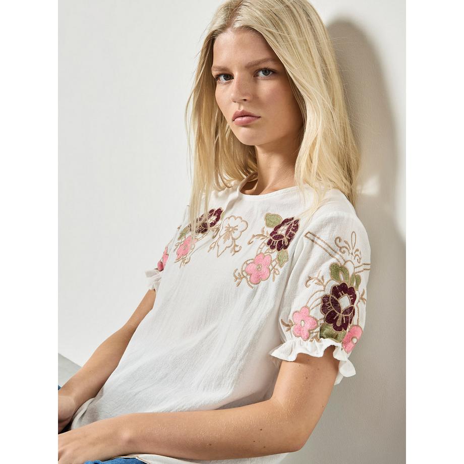 APRICOT Haut en coton à manches volantées et broderies florales  