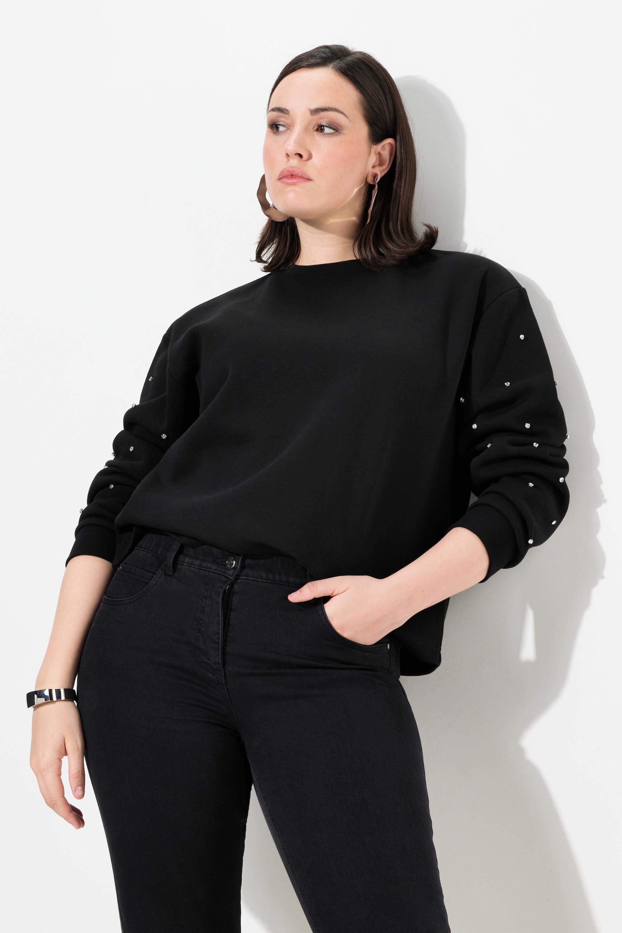 Ulla Popken  Sweat-shirt oversize à col rond et manches longues, strass 