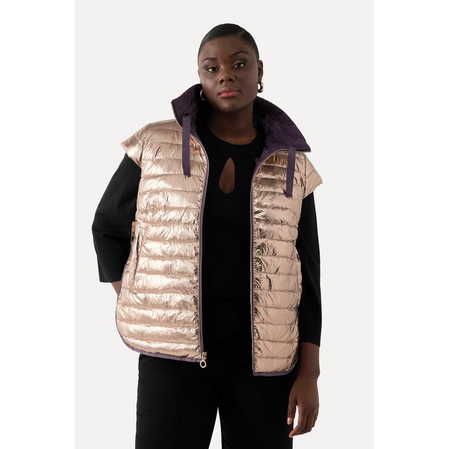 Ulla Popken Gilet Réversible Manches Cup Col Montant Boutons-Pression  