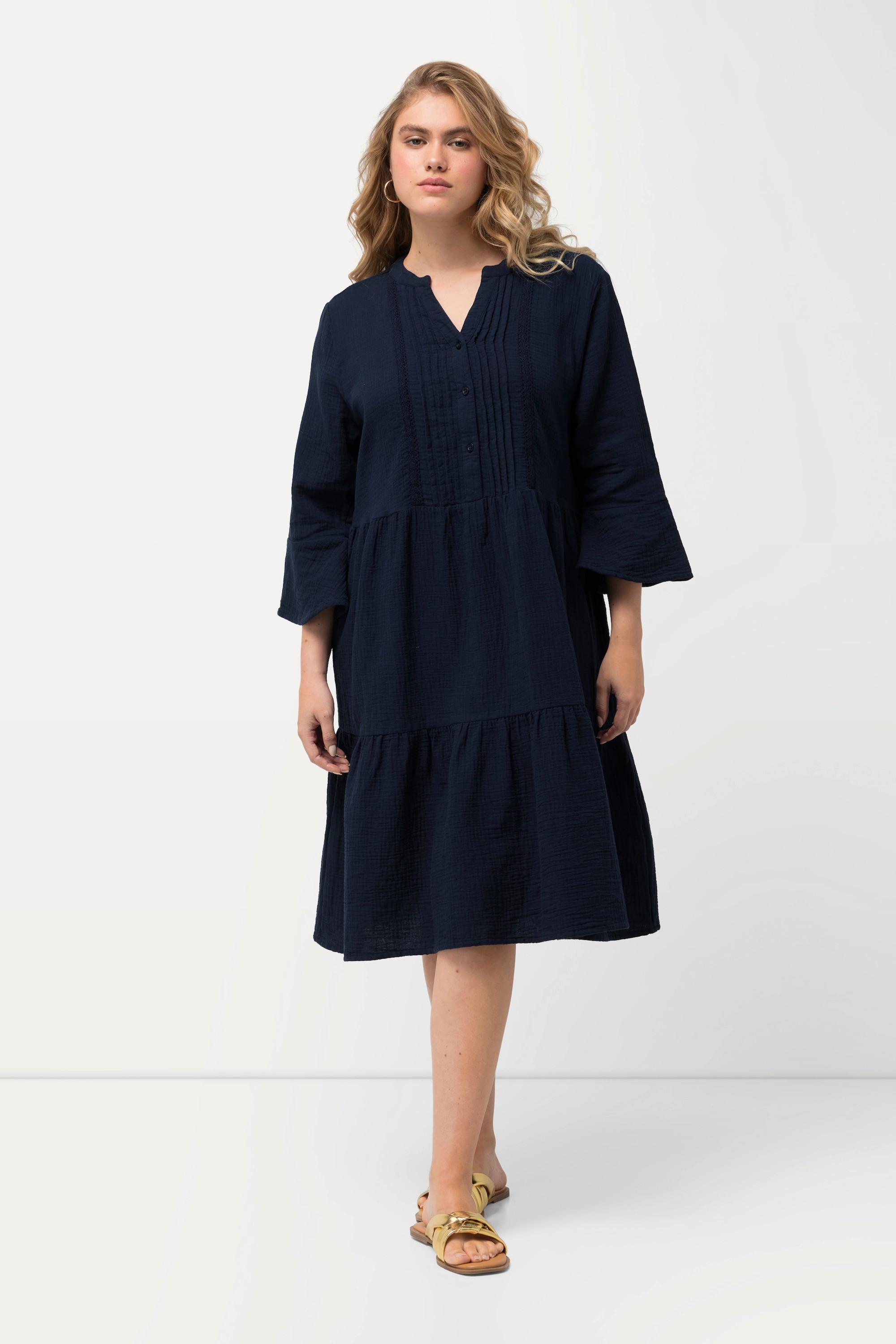 Ulla Popken  Musselin-Kleid, A-Linie, Tunika-Ausschnitt, 3/4-Arm 