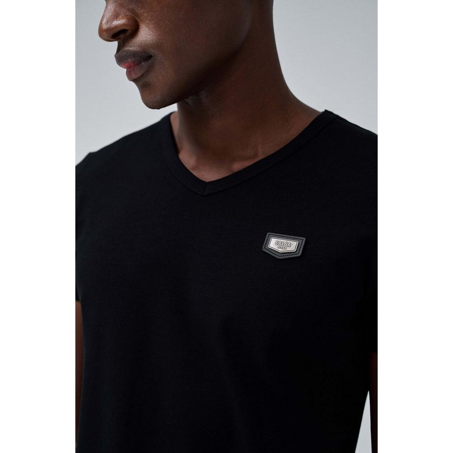 Salsa V-Neck Cotton Lycra Metal Badge T-Shirt  