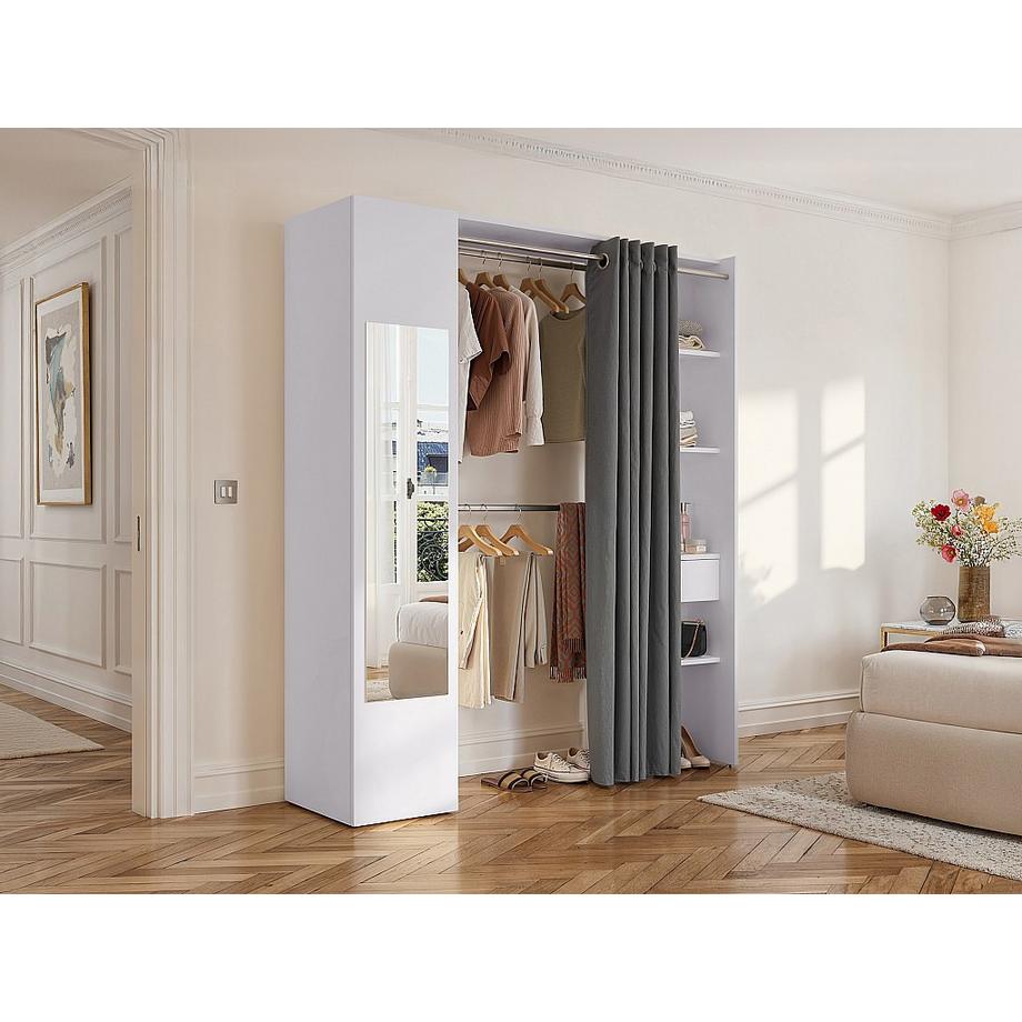 Vente-unique  Dressing avec rideau et 1 porte - Avec miroir -  L177 cm - Blanc et gris - BERTRAND 