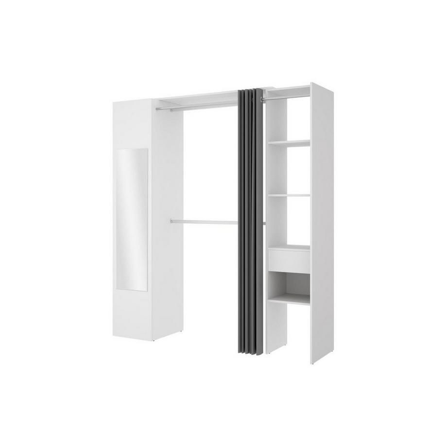 Vente-unique  Dressing avec rideau et 1 porte - Avec miroir -  L177 cm - Blanc et gris - BERTRAND 