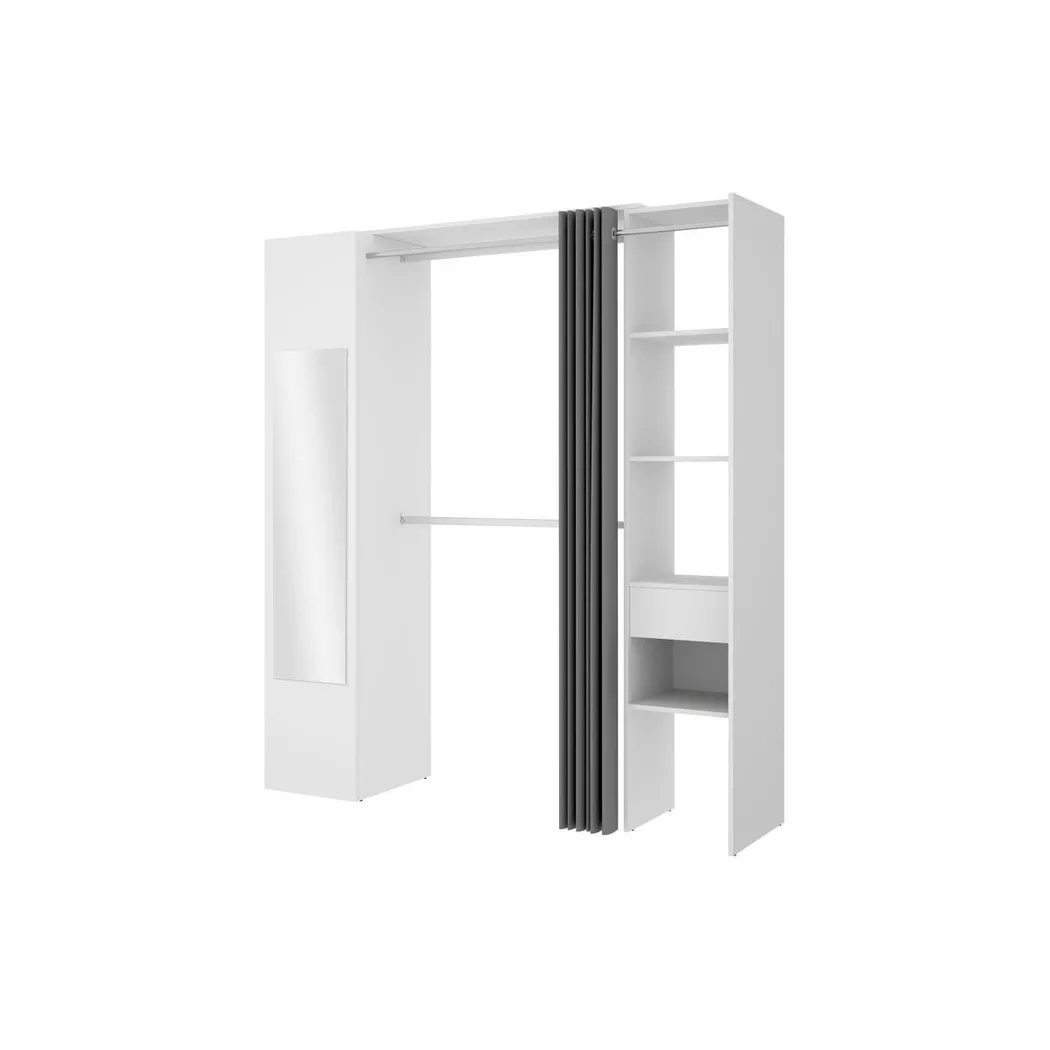 Dressing avec rideau et 1 porte - Avec miroir - L177 cm - Blanc et gris - bertrand
