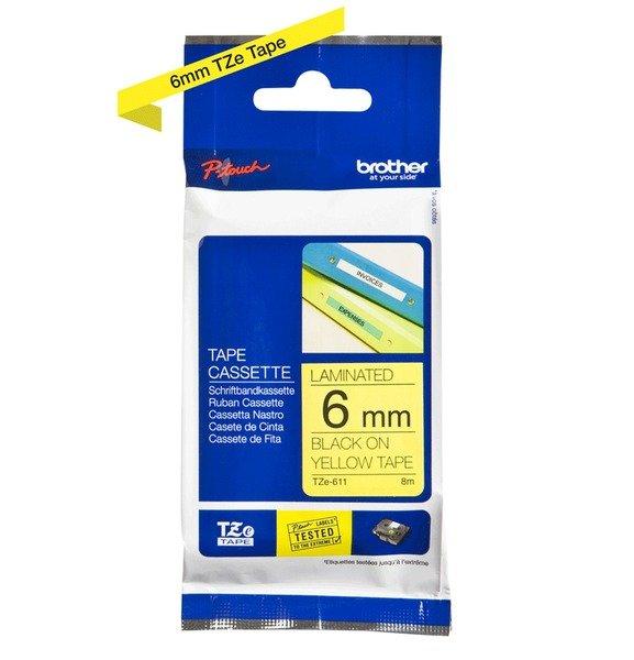 ABB Stotz S&J Cassetta nastro Brother TZe TZe-611 Colore Nastro: Giallo Colore carattere:Nero 6 mm 8 m  