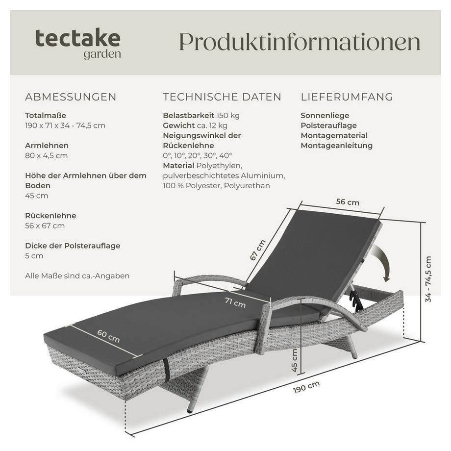 Tectake Rattan Sonnenliege Océane mit Aluminiumgestell wetterfest  