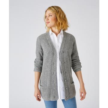 Gilet long maille anglaise, mélange laine, fermeture boutonnée.