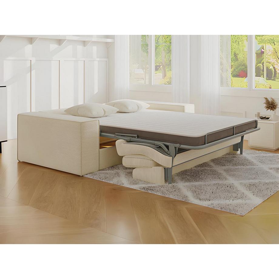 Vente-unique Sofa 4-Sitzer mit Matratze - Cord - Cremefarben - Liegefläche 160 cm - Matratze 14 cm mit Memory Schaum - AMELIA  