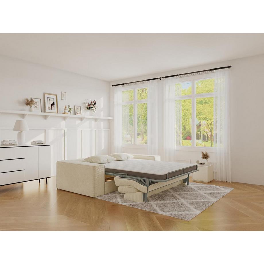 Vente-unique Sofa 4-Sitzer mit Matratze - Cord - Cremefarben - Liegefläche 160 cm - Matratze 14 cm mit Memory Schaum - AMELIA  