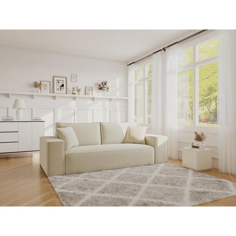 Vente-unique Sofa 4-Sitzer mit Matratze - Cord - Cremefarben - Liegefläche 160 cm - Matratze 14 cm mit Memory Schaum - AMELIA  
