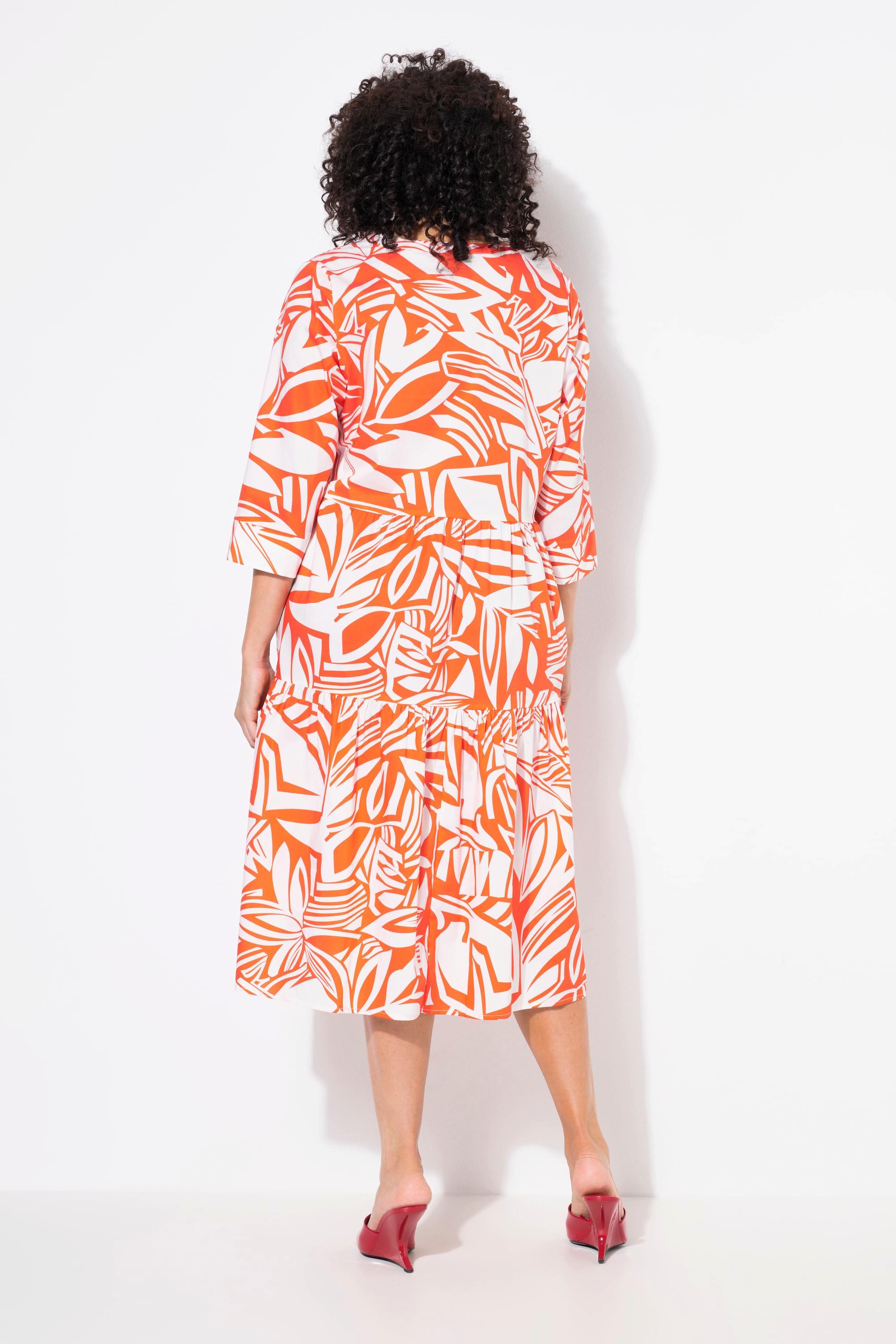 Ulla Popken Robe Midi Imprimé Feuilles Volants Col Tunique Manches 3/4  