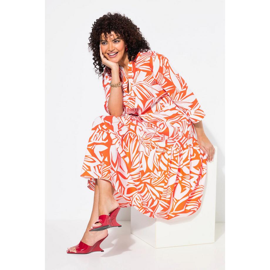 Ulla Popken Abito Midi Stampa Foglie Volant Scollo Tunica Maniche 3/4  