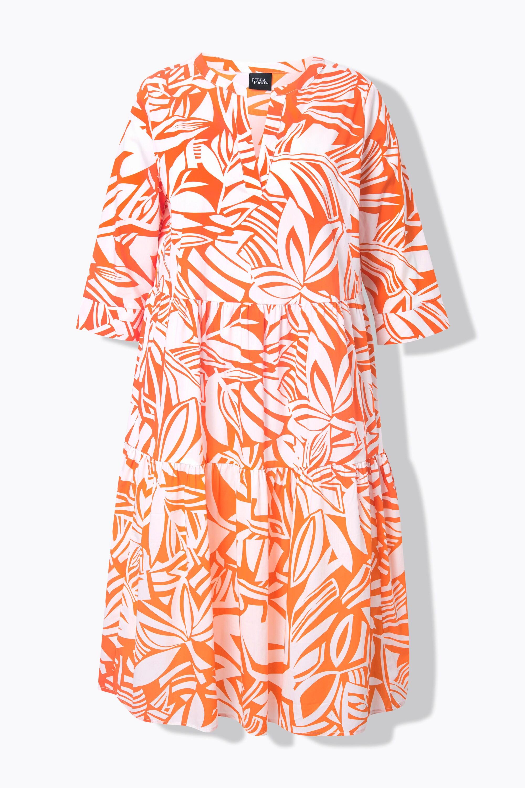 Ulla Popken Robe Midi Imprimé Feuilles Volants Col Tunique Manches 3/4  