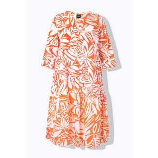 Ulla Popken Robe Midi Imprimé Feuilles Volants Col Tunique Manches 3/4  