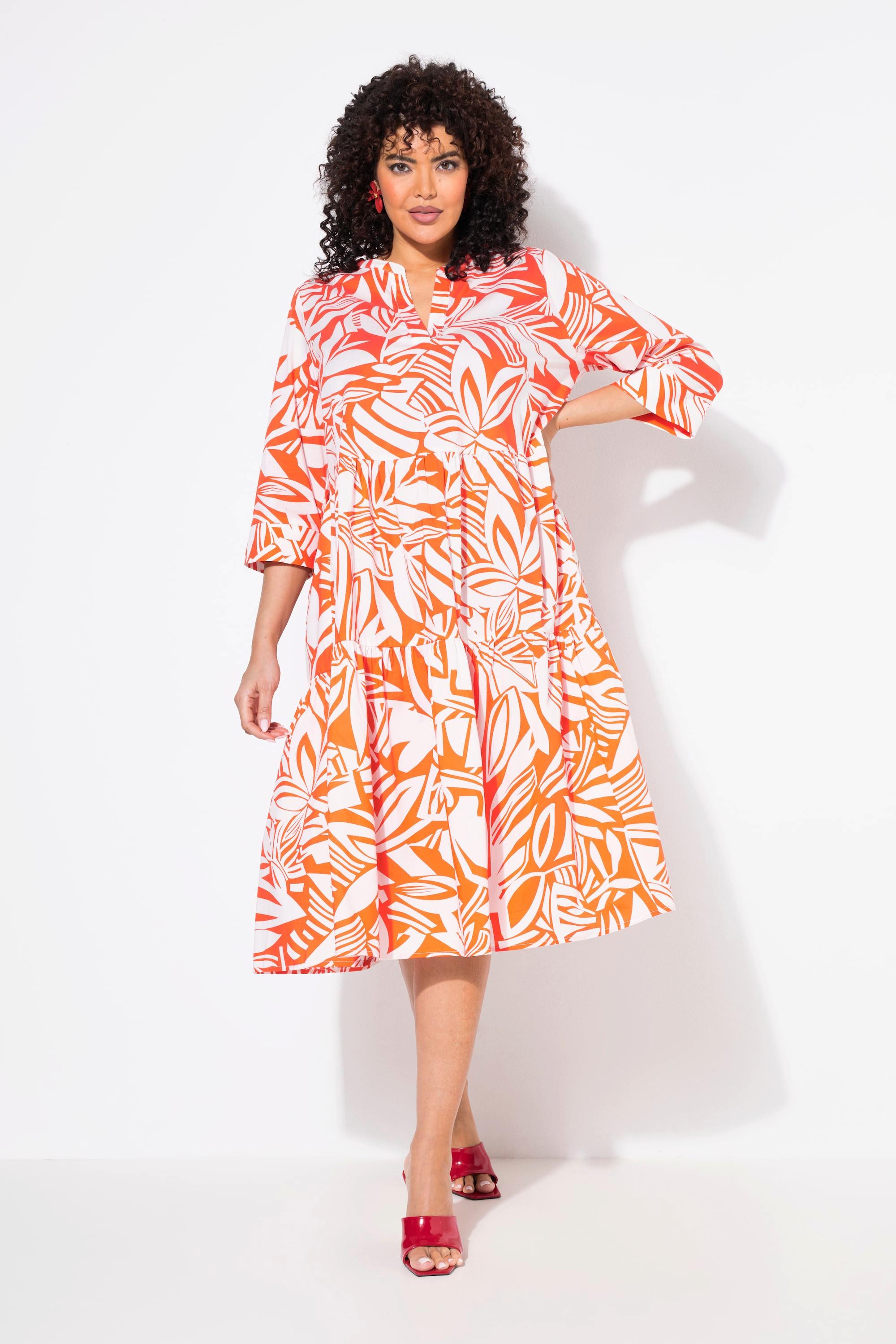 Ulla Popken Robe Midi Imprimé Feuilles Volants Col Tunique Manches 3/4  