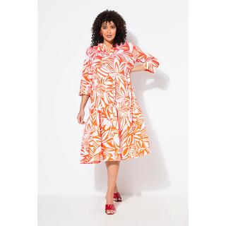 Ulla Popken Robe Midi Imprimé Feuilles Volants Col Tunique Manches 3/4  